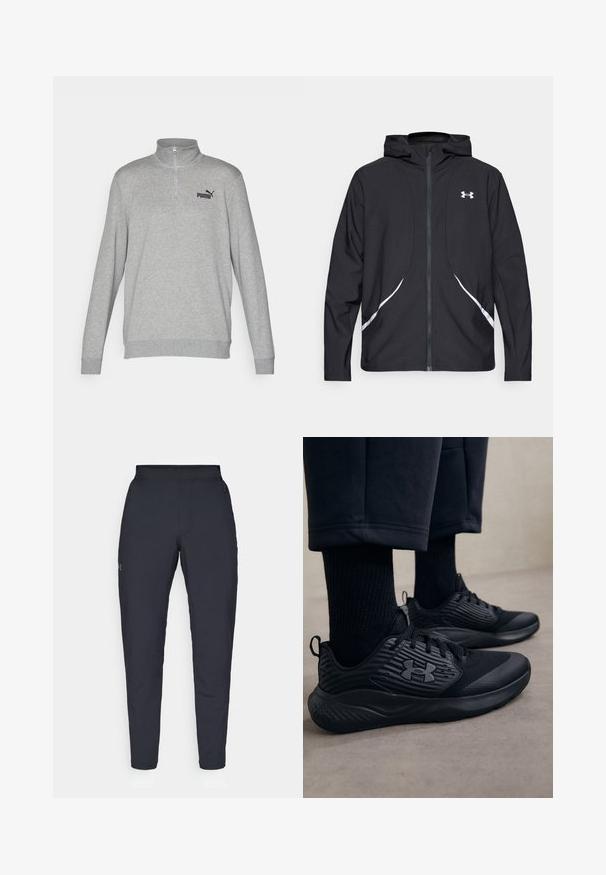 Casaco preto com capuz e fecho de correr, detalhes brancos e logótipo, apresentando mangas compridas e um tecido liso e elegante.; Sweatshirt cinza com gola de meio zip, mangas longas e punhos canelados. Apresenta um pequeno logótipo preto da Puma no lado esquerdo do peito. Textura suave.; Calças de desporto negras com uma textura suave, corte justo, cintura elástica e bolsos laterais. Apresenta um pequeno logótipo na coxa esquerda.; Pessoa a usar ténis de desporto pretos com lados texturizados e logótipo, combinados com meias pretas e calças curtas num chão claro.