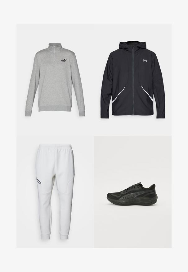 Black zip-up hooded jacket with white accents and logo, featuring long sleeves and a sleek, smooth fabric texture.; Gray sweatshirt with a half-zip collar, long sleeves, and ribbed cuffs. Features a small black Puma logo on the left chest. Soft texture.; White sweatpants with a soft, smooth texture. Features curved side panels and a black accent stripe. Elastic waistband for adjustable fit.; Black athletic shoe with a textured mesh upper, flat laces, and a cushioned sole featuring subtle reflective accents.