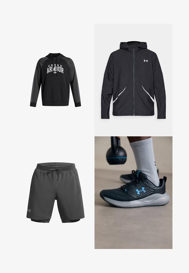 Schwarze Kapuzenjacke mit Reißverschluss, weiß abgesetzte Akzente und Logo, mit langen Ärmeln und einem eleganten, glatten Stoff.; Schwarzer Kapuzenpullover mit einer kanguruartigen Fronttasche, grauen Akzenten an den Ärmeln und dem weißen "UNDER ARMOUR"-Text quer über die Brust.; Dunkelgraue Sportshorts mit elastischem Bund, verstellbarem Kordelzug und innerer Mesh-Fütterung; verfügt über dezente Markierungen am linken Bein.; Schwarzer Sportschuh mit blauen Akzenten, strukturiertem Obermaterial und grauer Sohle. Getragen mit grauen gerippten Socken, neben einer schwarzen Kettlebell.