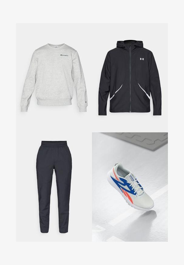 Schwarze Kapuzenjacke mit Reißverschluss, weiß abgesetzte Akzente und Logo, mit langen Ärmeln und einem eleganten, glatten Stoff.; Helles graues Sweatshirt aus Baumwollmischgewebe, mit Rundhalsausschnitt, gerippten Bündchen und Saum. Logo auf der Brust in Dunkelblau gestickt.; Marinefarbene, schmal zulaufende Hosen aus weichem Stoff mit einem elastischen Bund, seitlichen Taschen und einer glatten Textur mit dezenten Nähdetails.; Weiße Sportschuh mit blauen und roten Akzenten, geschnürt und schwebend über einem hellgrauen Boden mit einer Linie und Matte im Hintergrund.