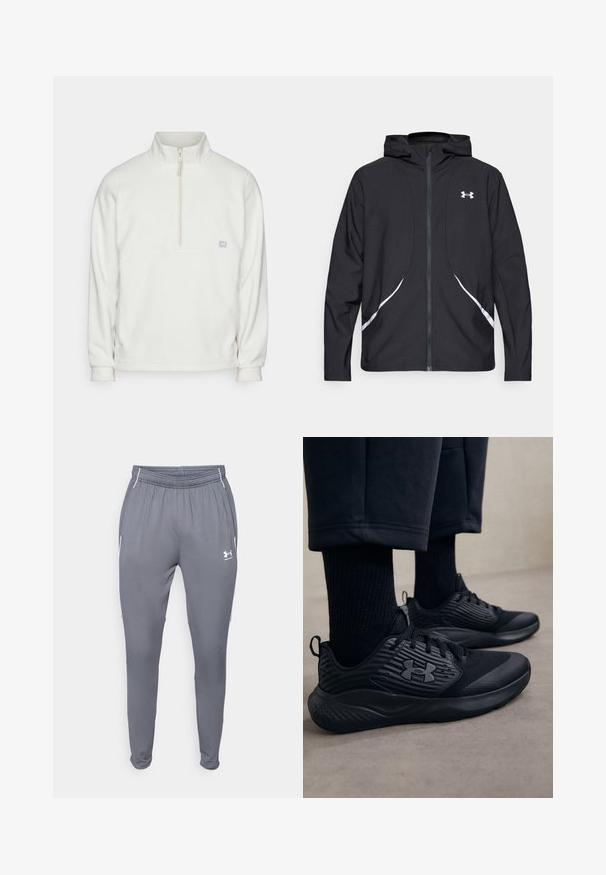 Veste à capuche noire zippée avec accents et logo blancs, dotée de manches longues et d'une texture de tissu lisse et élégante.; Pull en polaire blanc avec un col zippé à mi-hauteur. Il présente un panneau rectangulaire sur la poitrine et un petit logo sur le côté gauche. Texture douce.; Pantalons de sport gris avec taille élastique, poches latérales et accents blancs. Fabriqués dans un matériau lisse et léger.; Personne portant des baskets de sport noires avec des côtés texturés et un logo, associées à des chaussettes noires et un pantalon court sur un sol clair.