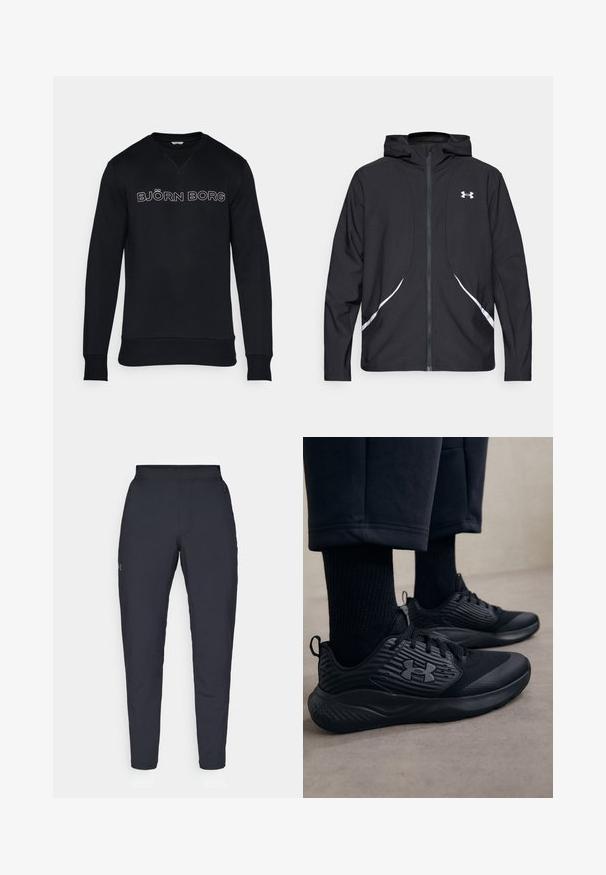 Casaco preto com capuz e fecho de correr, detalhes brancos e logótipo, apresentando mangas compridas e um tecido liso e elegante.; Sweatshirt preto com decote redondo, punhos e bainha canelados. A parte da frente exibe o texto "BJÖRN BORG" em contorno branco. Tecido macio.; Calças de desporto negras com uma textura suave, corte justo, cintura elástica e bolsos laterais. Apresenta um pequeno logótipo na coxa esquerda.; Pessoa a usar ténis de desporto pretos com lados texturizados e logótipo, combinados com meias pretas e calças curtas num chão claro.