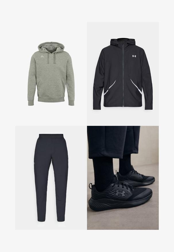 Schwarze Kapuzenjacke mit Reißverschluss, weiß abgesetzte Akzente und Logo, mit langen Ärmeln und einem eleganten, glatten Stoff.; Kappa CUNEO - Kapuzenpullover - grey md melange; Schwarze Sporthose mit glatter Textur, schlankem Schnitt, elastischem Bund und seitlichen Taschen. Mit einem kleinen Logo auf dem linken Oberschenkel.; Person in schwarzen Sport Sneakers mit strukturierten Seiten und Logo, kombiniert mit schwarzen Socken und kürzeren Hosen auf einem hellen Boden.