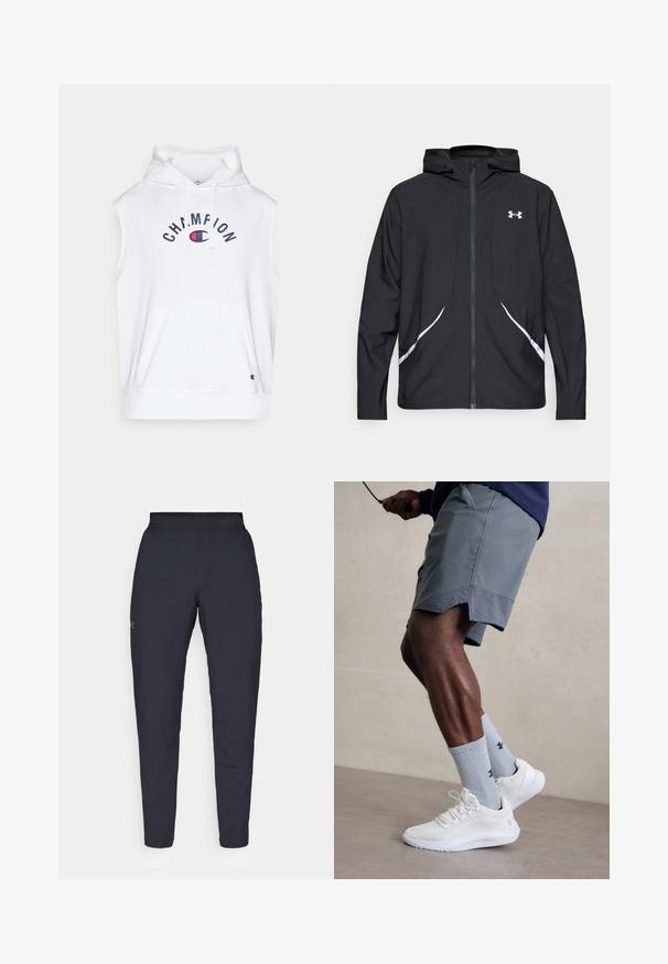 Giacca nera con cappuccio e zip, dettagli bianchi e logo, maniche lunghe e tessuto liscio e lucido.; Felpa senza maniche bianca realizzata in tessuto morbido, con tasca frontale e logo "CHAMPION" in blu navy con accenti rossi. La felpa include i cordini.; Pantaloni sportivi neri con una texture liscia, vestibilità slim, vita elastica e tasche laterali. Presentano un piccolo logo sulla coscia sinistra.; Scarpe da ginnastica bianche con tomaia in mesh testurizzato, abbinate a calzini a coste blu chiaro con un logo. Pantaloni sportivi grigi con bordi perforati.