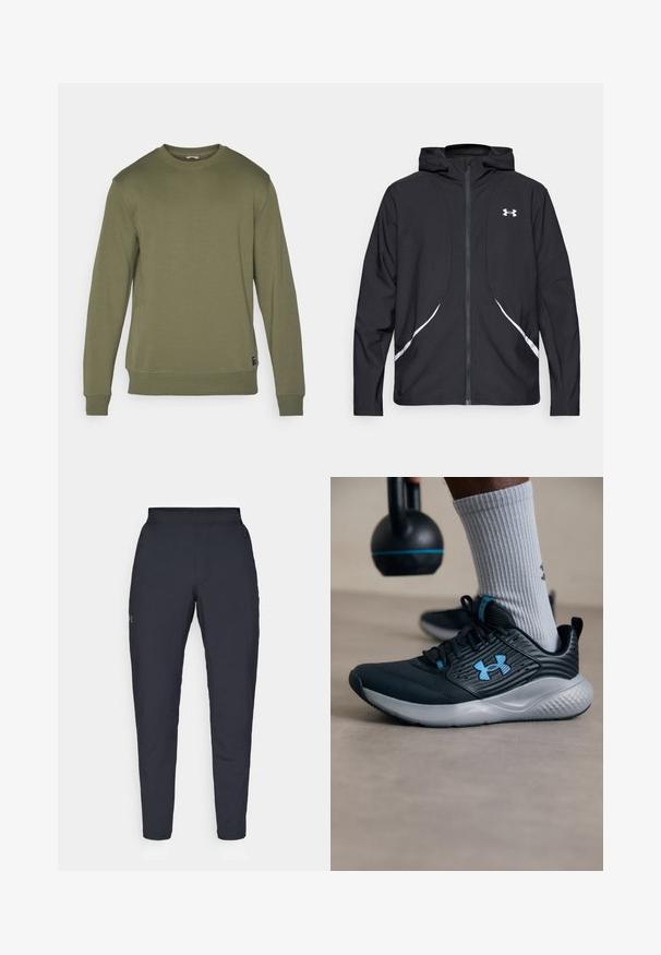 Černá bunda s kapucí na zip, bílými akcenty a logem, s dlouhými rukávy a hladkou, elegantní texturou látky.; Světle olivová mikina s kulatým límcem, dlouhými rukávy a žebrovanými manžetami. Měkká tkanina s hladkým povrchem a jemnými detaily prošívání.; Černé sportovní kalhoty s hladkou texturou, slim fit, elastickým pasem a bočními kapsami. Na levém stehně je umístěno malé logo.; Černá sportovní obuv s modrými akcenty, texturovaným svrškem a šedou podrážkou. Nosená se šedými žebrovanými ponožkami, vedle černého kettlebellu.