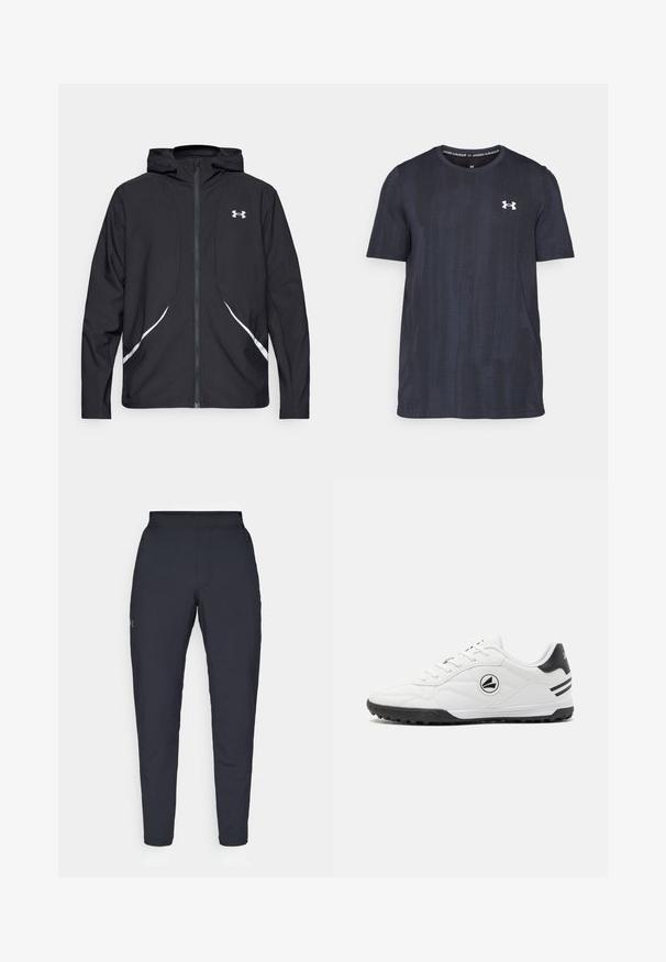 Black zip-up hooded jacket with white accents and logo, featuring long sleeves and a sleek, smooth fabric texture.; Dark navy short-sleeve t-shirt made of breathable fabric, featuring a textured pattern and a white Under Armour logo on the chest.; Black athletic pants with a smooth texture, slim fit, elastic waistband, and side pockets. Features a small logo on the left thigh.; White athletic shoes with a smooth leather upper, black accents, textured sole, and a round logo on the side. Features narrow lacing.