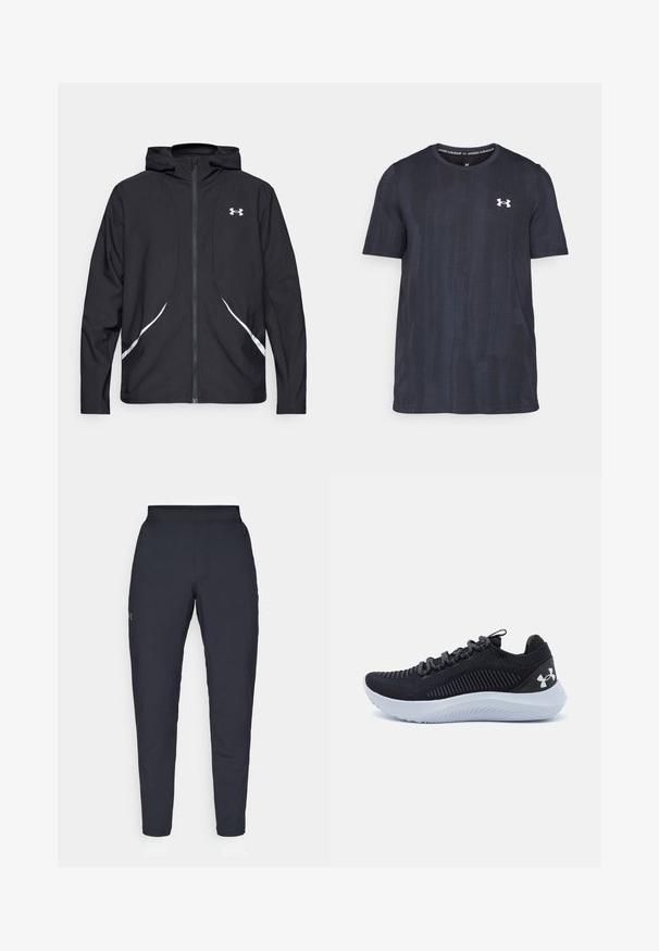 Veste à capuche noire zippée avec accents et logo blancs, dotée de manches longues et d'une texture de tissu lisse et élégante.; T-shirt à manches courtes bleu marine foncé en tissu respirant, présentant un motif texturé et un logo Under Armour blanc sur la poitrine.; Pantalons de sport noirs avec une texture lisse, coupe slim, taille élastique et poches latérales. Présente un petit logo sur la cuisse gauche.; Chaussure de sport noire avec une tige en tissu texturé, lacets gris et semelle en caoutchouc blanche. Présente un design strié et un logo bien visible sur le côté.