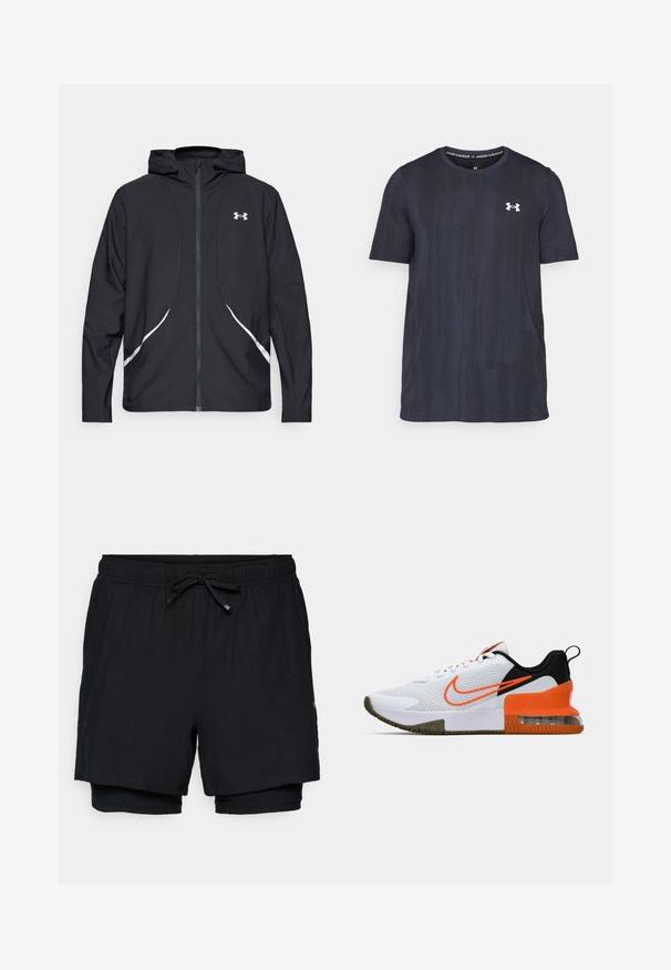 Juoda gobtuvu su užtrauktuku striukė su baltais akcentais ir logotipu, ilgomis rankovėmis ir lygiu, švelniu audinio tekstūra.; Tamsiai mėlyna trumpomis rankovėmis marškinėliai, pagaminti iš kvėpuojančio audinio, su tekstūruoto rašto ir balta Under Armour logotipu ant krūtinės.; Juodos sportinės šortai su elastinga juosta, reguliuojamu raišteliu ir vidine pamušalu. Lygi medžiaga su klasikiniu dizainu ir be raštų.; Baltas sportinis batas su tekstūruota tinkline viršutine dalimi, juodais ir oranžiniais akcentais, storu guminio pado sluoksniu ir AIr pagalvės skaidriąja dalimi kulne.