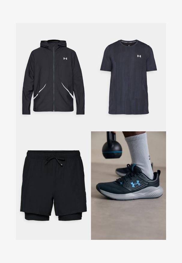 Musta vetoketjullinen huppari valkoisilla yksityiskohdilla ja logolla, jossa on pitkät hihat ja tyylikäs, sileäpintainen kangas.; T-paita tummansinisenä, lyhythihainen ja hengittävää kangasta, jossa on teksturoitu kuvio ja valkoinen Under Armour -logo rinnassa.; Mustat urheilushortsit, joissa on joustava vyötärö, säädettävä nauha ja sisäinen vuori. Sujuva kangas klassisella muotoilulla ilman kuvioita.; Mustat urheilukengät sinisillä yksityiskohdilla, teksturoitu pinta ja harmaa pohja. Vaatteena harmaat ribbited socksit, mustan kettlebellin vieressä.