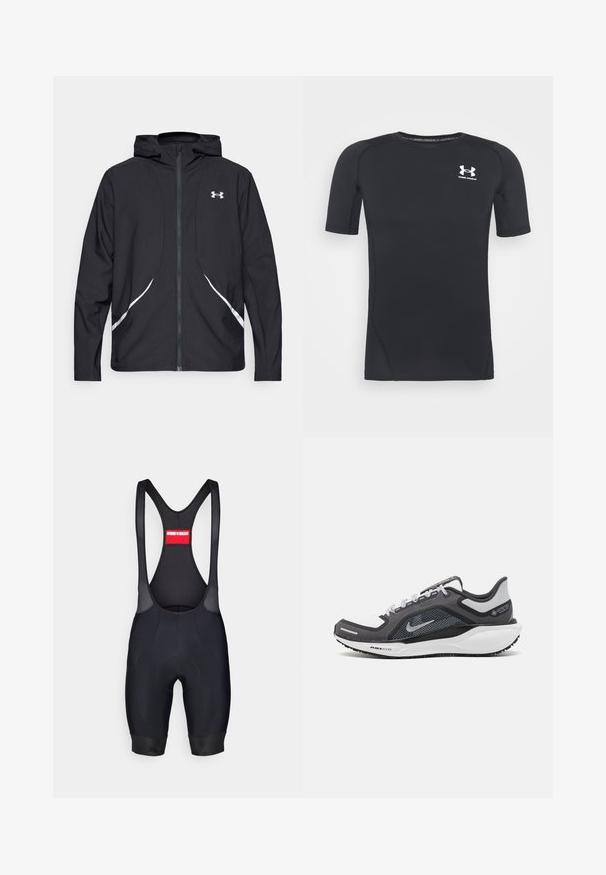 Musta vetoketjullinen huppari valkoisilla yksityiskohdilla ja logolla, jossa on pitkät hihat ja tyylikäs, sileäpintainen kangas.; Musta lyhythihainen urheilupaita, joka on valmistettu kosteutta siirtävästä, joustavasta kankaasta. Paidassa on pyöreä pääntie ja pieni valkoinen logo rinnassa.; Mustat pyöräilybretellishortsit, joissa on verkkostrappi, pehmeä istuinosa, tiukka istuvuus ja elastiset hihnat. Takana punainen etiketti, jossa on brändin nimi.; Musta ja harmaa urheilukenka, jossa on verkkopäällinen, heijastavat yksityiskohdat ja valkoinen välipohja. Varustettu kuvioidulla kumipohjalla ja nauhoilla.