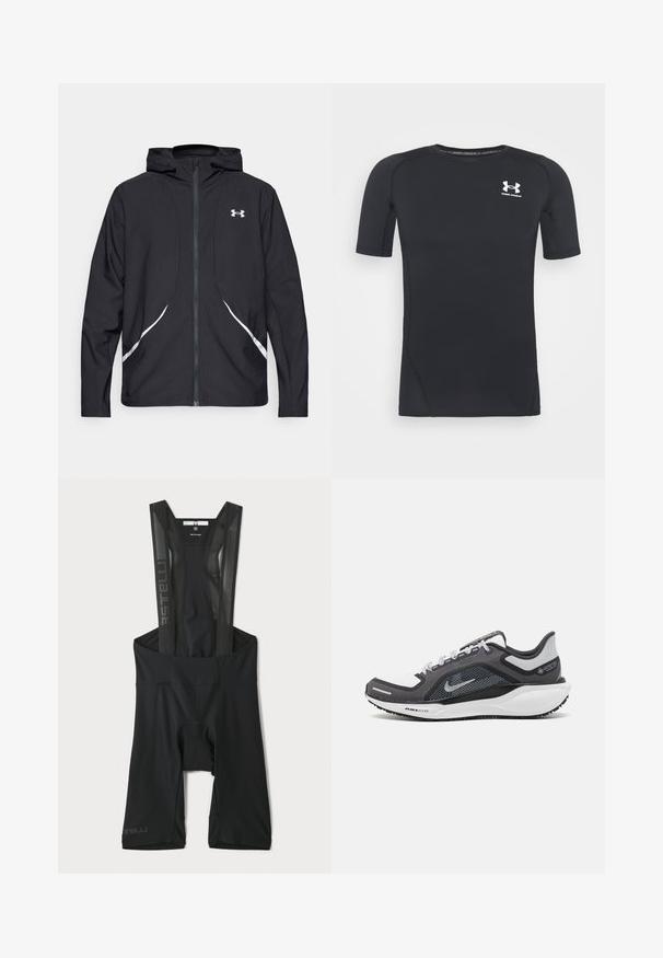 Casaco preto com capuz e fecho de correr, detalhes brancos e logótipo, apresentando mangas compridas e um tecido liso e elegante.; Camiseta atlética preta de manga curta, feita de tecido elástico e que absorve a humidade. Apresenta um decote redondo e um pequeno logótipo branco no peito.; Calças de bicicleta pretas com suspensórios em malha, assento acolchoado, design aerodinâmico e acentos refletivos. Adequadas para vestuário de performance.; Sapatilha atlética preta e cinza com parte superior em malha, detalhes reflexivos e uma entressola branca. Apresenta uma sola de borracha texturizada e atacadores.