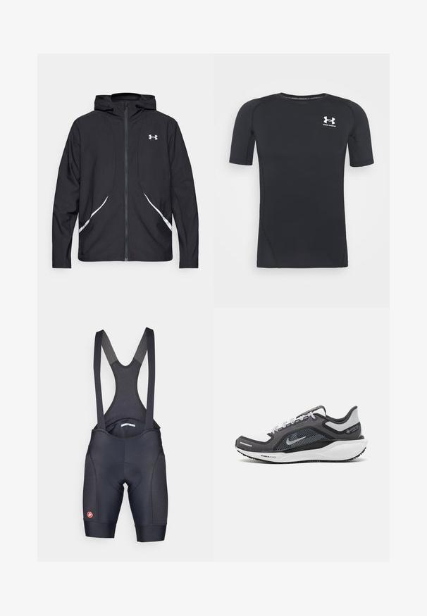 Casaco preto com capuz e fecho de correr, detalhes brancos e logótipo, apresentando mangas compridas e um tecido liso e elegante.; Camiseta atlética preta de manga curta, feita de tecido elástico e que absorve a humidade. Apresenta um decote redondo e um pequeno logótipo branco no peito.; Bermudas de ciclismo pretas com alças de malha, assento almofadado e painéis laterais texturizados. Apresenta um logotipo na perna inferior e um design ajustado.; Sapatilha atlética preta e cinza com parte superior em malha, detalhes reflexivos e uma entressola branca. Apresenta uma sola de borracha texturizada e atacadores.