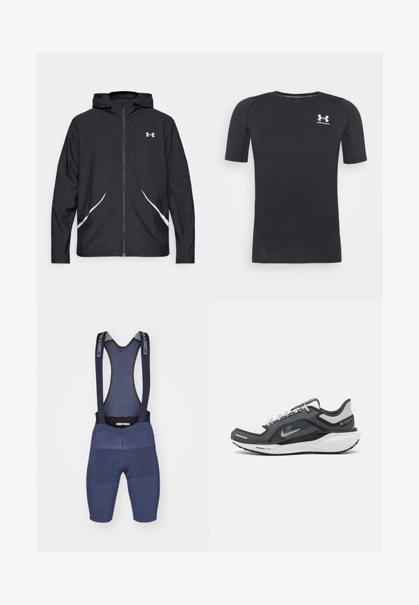Črna jakna s kapuco na zadrgo z belimi poudarki in logotipom, z dolgimi rokavi in gladko, sijočo tkanino.; Črna kratka športna majica z dolgimi rokavi iz tkanine, ki odvaja vlago in je raztegljiva. Ima okroglo ovratnico in majhen beli logotip na prsih.; Morske kolesarske hlače z naramnicami, ki vsebujejo zračno mrežasto hrbtno stran, oblazinjeno sedlo in strukturirane detajle za udobje in prileganje.; Črne in sive atletske čevlje z mrežasto zgornjim delom, odsevnimi detajli in belim srednjim podplatom. Imajo strukturiran gumijast podplat in vezalke.
