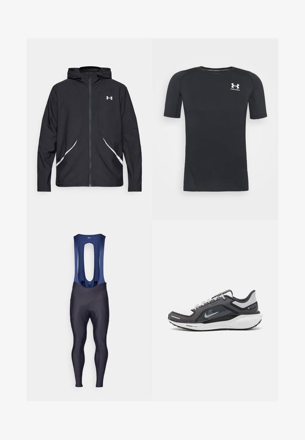 Giacca nera con cappuccio e zip, dettagli bianchi e logo, maniche lunghe e tessuto liscio e lucido.; Maglietta sportiva nera a maniche corte realizzata in tessuto traspirante e elastico. Presenta un collo rotondo e un piccolo logo bianco sul petto.; Rapha MENS CORE WINTER WITH PAD - Leggings - dark navy/navy; Scarpa da ginnastica nera e grigia con tomaia in rete, dettagli riflettenti e intersuola bianca. Presenta una suola in gomma testurizzata e lacci.