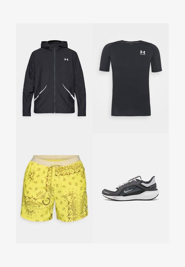 Črna jakna s kapuco na zadrgo z belimi poudarki in logotipom, z dolgimi rokavi in gladko, sijočo tkanino.; Črna kratka športna majica z dolgimi rokavi iz tkanine, ki odvaja vlago in je raztegljiva. Ima okroglo ovratnico in majhen beli logotip na prsih.; Svetlo rumene hlače s potiskom paisley v rjavi barvi. Elastičen pas z napiso "NIKE TRAIL". Črta za prilagoditev.; Črne in sive atletske čevlje z mrežasto zgornjim delom, odsevnimi detajli in belim srednjim podplatom. Imajo strukturiran gumijast podplat in vezalke.