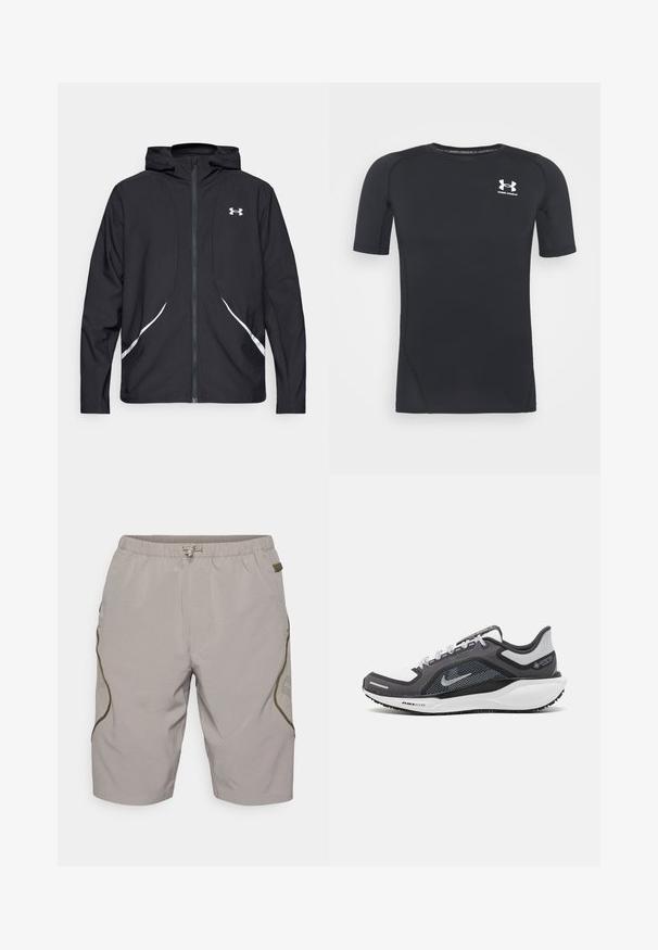 Zwarte capuchonjas met ritssluiting, witte accenten en logo, voorzien van lange mouwen en een gladde, soepele stoftextuur.; Zwart sportshirt met korte mouwen, gemaakt van vochtafvoerend, rekbaar materiaal. Heeft een ronde halslijn en een klein wit logo op de borst.; Beige shorts met een gestructureerd patroon, elastische tailleband, trekkoord en zijaccenten. Bevat mesh panelen voor ademend vermogen.; Zwarte en grijze sportschoen met een bovenwerk van mesh, reflecterende accenten en een witte tussenzool. Beschikt over een gestructureerde rubberen zool en veters.