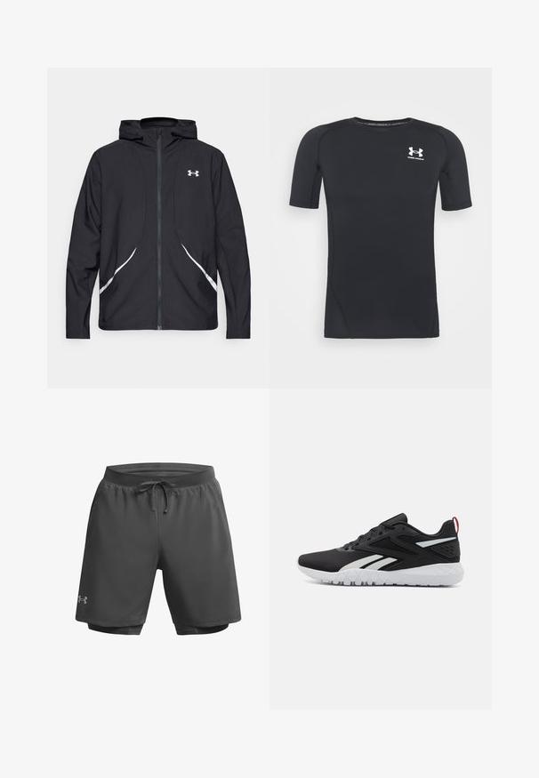 Black zip-up hooded jacket with white accents and logo, featuring long sleeves and a sleek, smooth fabric texture.; Black short-sleeve athletic shirt made of moisture-wicking, stretchy fabric. Features a round neckline and a small white logo on the chest.; Dark gray athletic shorts with an elastic waistband, adjustable drawstring, and inner mesh lining; features subtle branding on the left leg.; Black athletic shoes featuring a mesh upper, white accents, textured sole, and a red heel tab for added detail.