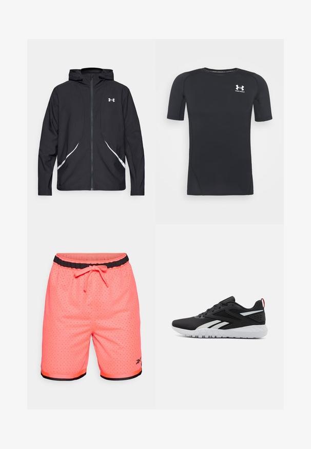 Chaqueta negra con capucha y cremallera, con detalles y logotipo en blanco, mangas largas y una textura de tela lisa y elegante.; Camiseta atlética negra de manga corta hecha de un tejido que absorbe la humedad y es elástico. Cuenta con un cuello redondo y un pequeño logo blanco en el pecho.; Shorts deportivos de color rosa neón con tejido de malla, cinturilla elástica negra, cordón ajustable y detalles de dobladillo en negro contrastante.; Zapatillas deportivas negras con parte superior de malla, acentos blancos, suela texturizada y una pestaña en el talón roja para un detalle adicional.