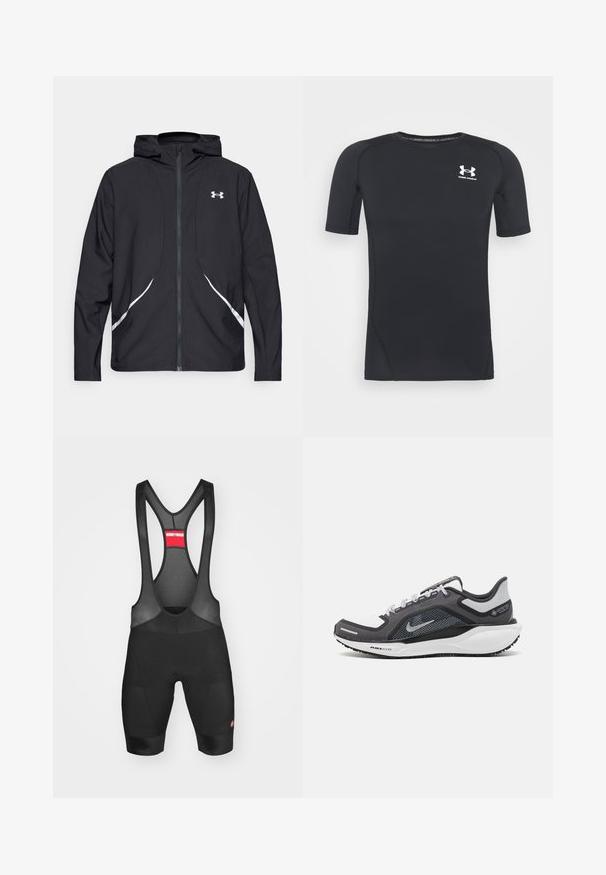 Musta vetoketjullinen huppari valkoisilla yksityiskohdilla ja logolla, jossa on pitkät hihat ja tyylikäs, sileäpintainen kangas.; Musta lyhythihainen urheilupaita, joka on valmistettu kosteutta siirtävästä, joustavasta kankaasta. Paidassa on pyöreä pääntie ja pieni valkoinen logo rinnassa.; Mustat pyöräilybibit, joissa on verkkostrengit, pehmustettu istuin ja joustavat lahkeensuut. Varustettu pienellä punaisella brändilogolla helmassa.; Musta ja harmaa urheilukenka, jossa on verkkopäällinen, heijastavat yksityiskohdat ja valkoinen välipohja. Varustettu kuvioidulla kumipohjalla ja nauhoilla.