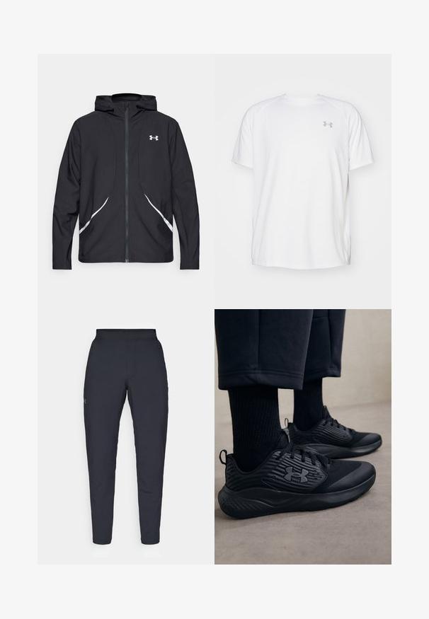 Casaco preto com capuz e fecho de correr, detalhes brancos e logótipo, apresentando mangas compridas e um tecido liso e elegante.; Camisola atlética de mangas curtas brancas, feita de um tecido suave. Apresenta um decote redondo e um logótipo cinza no lado esquerdo do peito, com aberturas laterais na barra.; Calças de desporto negras com uma textura suave, corte justo, cintura elástica e bolsos laterais. Apresenta um pequeno logótipo na coxa esquerda.; Pessoa a usar ténis de desporto pretos com lados texturizados e logótipo, combinados com meias pretas e calças curtas num chão claro.