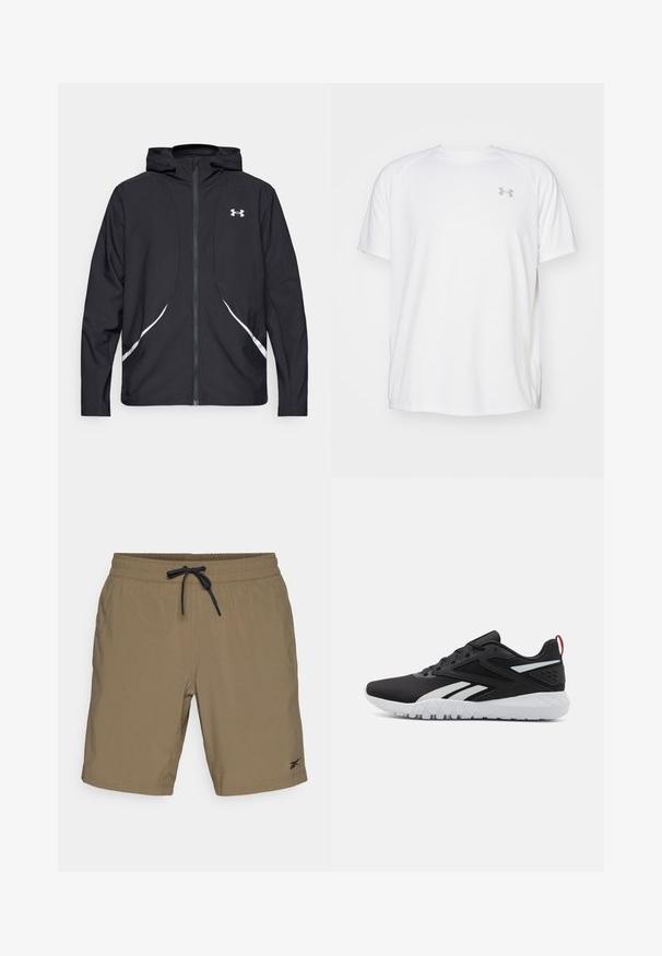 Černá bunda s kapucí na zip, bílými akcenty a logem, s dlouhými rukávy a hladkou, elegantní texturou látky.; Bílé sportovní tričko s krátkým rukávem vyrobené z hladké látky. Má kulatý výstřih a šedé logo na levé straně hrudi, s bočními rozparky na lemu.; Hnědé šortky s elastickým pasem a černou šňůrkou, s logem vpravo dole. Hladký povrch, délka ke kolenům.; Černé sportovní boty s vybavením z prodyšného materiálu, bílými akcenty, texturovanou podrážkou a červeným poutkem na patě pro dodatečný detail.