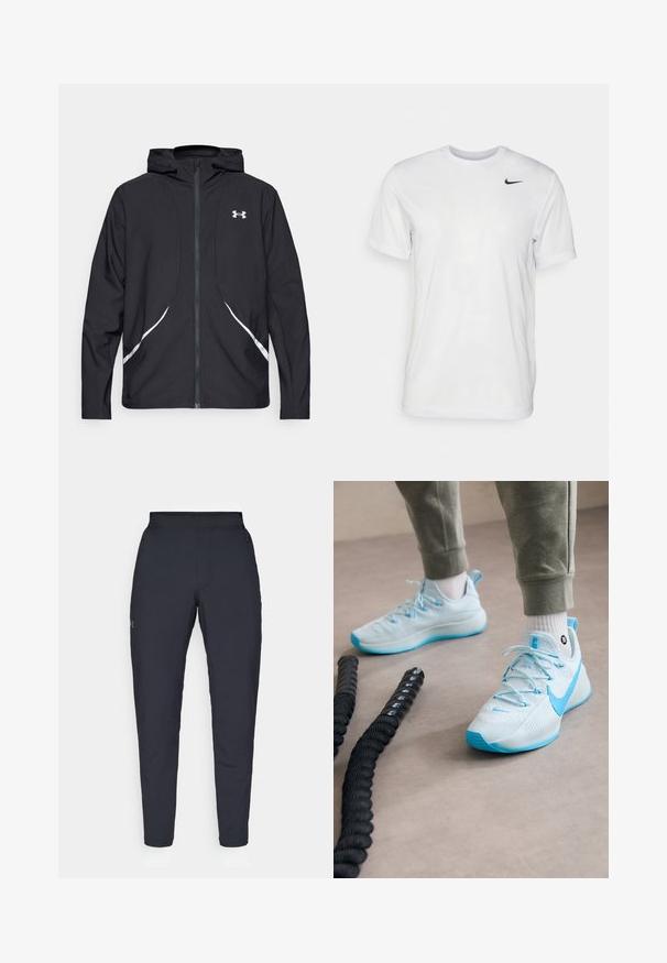 Black zip-up hooded jacket with white accents and logo, featuring long sleeves and a sleek, smooth fabric texture.; White short-sleeve t-shirt made of smooth fabric. Features a round neck and a small black Nike logo on the left chest.; Black athletic pants with a smooth texture, slim fit, elastic waistband, and side pockets. Features a small logo on the left thigh.; Light blue athletic shoes with textured material, prominent laces, and a patterned sole. Worn with grey sweatpants and white socks.