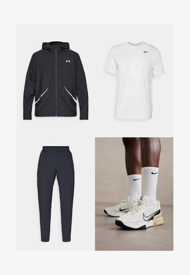 Sort lynlåstrøje med hætte, hvide detaljer og logo, med lange ærmer og en glat, glat stoftekstur.; Hvid kortærmet t-shirt lavet af glat stof. Har en rund hals og et lille sort Nike-logo på venstre bryst.; Sorte atletiske bukser med en glat overflade, tætsiddende pasform, elastisk talje og sidelommer. Indeholder et lille logo på venstre lår.; Hvide mesh sneakers med sorte accenter og en gul mellemsål. Ribbet hvide Nike strømper. Tekstureret sål for forbedret greb.