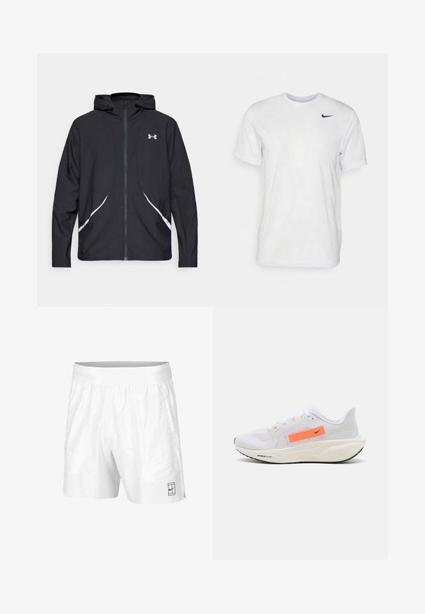 Chaqueta negra con capucha y cremallera, con detalles y logotipo en blanco, mangas largas y una textura de tela lisa y elegante.; Camiseta blanca de manga corta hecha de tela suave. Presenta un cuello redondo y un pequeño logo negro de Nike en el pecho izquierdo.; Pantalones cortos deportivos blancos hechos de una tela ligera con una cinturilla elástica, que cuentan con dos bolsillos laterales y un pequeño logo negro en el dobladillo.; Nike Performance AIR ZOOM PEGASUS 41 - Zapatillas running asfalto - white/armory navy/hyper crimson/pale ivory