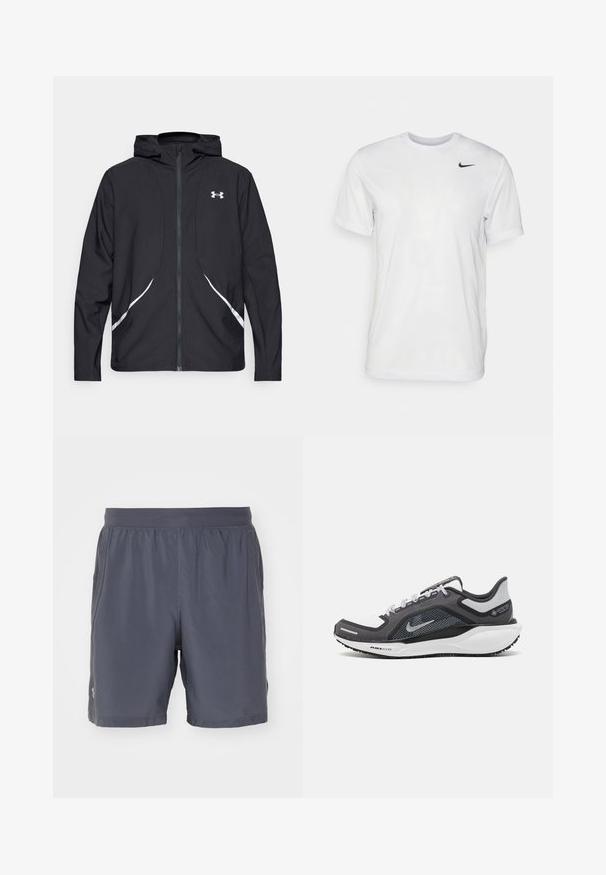 Black zip-up hooded jacket with white accents and logo, featuring long sleeves and a sleek, smooth fabric texture.; White short-sleeve t-shirt made of smooth fabric. Features a round neck and a small black Nike logo on the left chest.; Gray athletic shorts made of lightweight, moisture-wicking material. Features an elastic waistband and stitched accents. No pockets.; Black and gray athletic shoe with a mesh upper, reflective accents, and a white midsole. Features textured rubber outsole and laces.