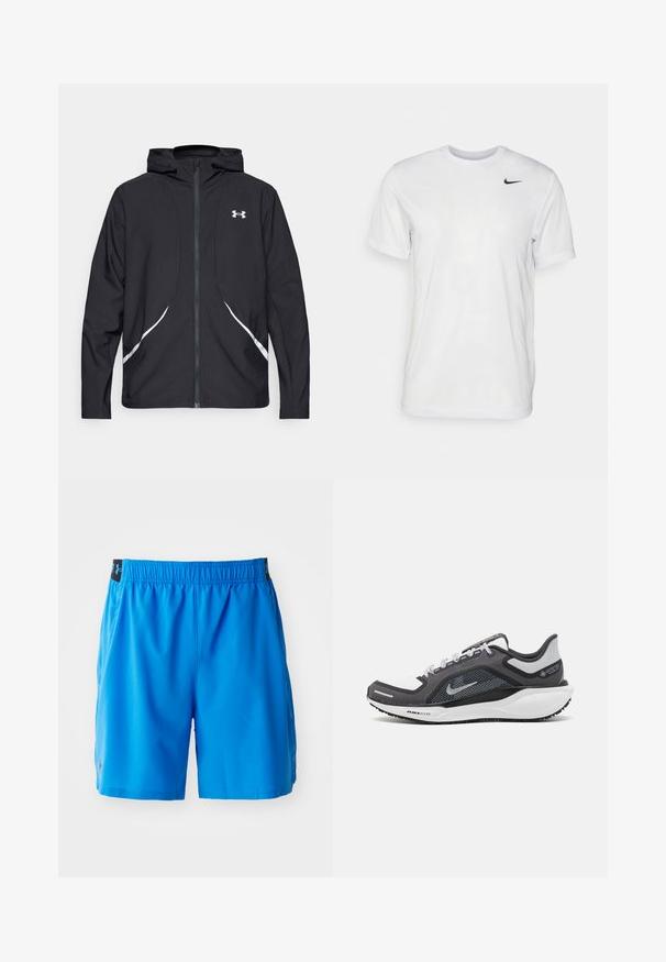 Casaco preto com capuz e fecho de correr, detalhes brancos e logótipo, apresentando mangas compridas e um tecido liso e elegante.; T-shirt branca de mangas curtas feita de tecido suave. Apresenta um decote redondo e um pequeno logótipo da Nike em preto no lado esquerdo do peito.; Calções de desporto azuis feitos de um tecido leve, com cintura elástica, bolsos laterais e um pequeno logotipo na parte inferior da perna esquerda.; Sapatilha atlética preta e cinza com parte superior em malha, detalhes reflexivos e uma entressola branca. Apresenta uma sola de borracha texturizada e atacadores.