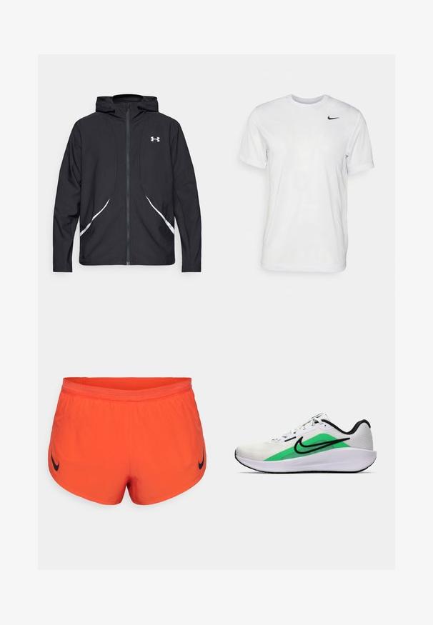 Črna jakna s kapuco na zadrgo z belimi poudarki in logotipom, z dolgimi rokavi in gladko, sijočo tkanino.; Bela kratka majica s kratkimi rokavi, izdelana iz gladkega materiala. Ima okroglo ovratnico in majhen črn Nike logotip na levi prsni strani.; Oranžne atletske kratke hlače iz gladkega materiala, z črnim logotipom Nike na levi strani in elastičnim pasom za udobje.; Bela športna čevlja z zelenim poudarkom, črnim logotipom, mrežastim zgornjim delom, oblazinjenim podplatom in zaobljenim peto. Ima vezalke in kontrastne detajle.