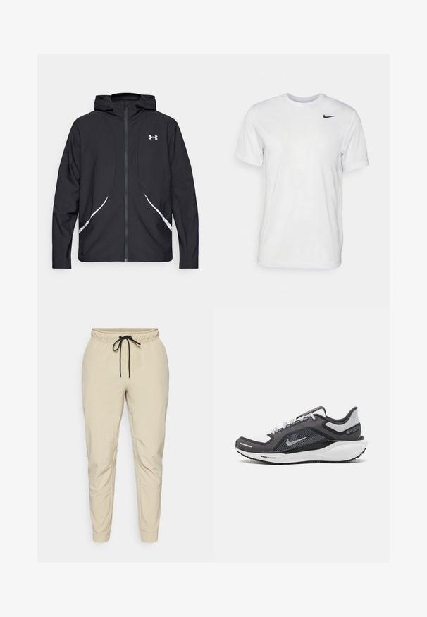 Zwarte capuchonjas met ritssluiting, witte accenten en logo, voorzien van lange mouwen en een gladde, soepele stoftextuur.; Witte korte mouwen t-shirt gemaakt van gladde stof. Voorzien van een ronde hals en een klein zwart Nike-logo op de linkerborst.; Nike Performance UNLIMITED PANT - Trainingsbroek - desert khaki/black; Zwarte en grijze sportschoen met een bovenwerk van mesh, reflecterende accenten en een witte tussenzool. Beschikt over een gestructureerde rubberen zool en veters.