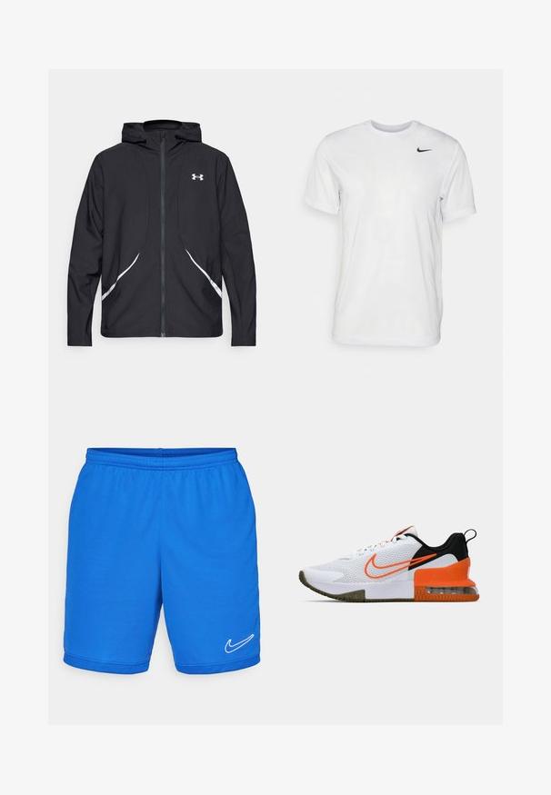 Black zip-up hooded jacket with white accents and logo, featuring long sleeves and a sleek, smooth fabric texture.; White short-sleeve t-shirt made of smooth fabric. Features a round neck and a small black Nike logo on the left chest.; Blue athletic shorts with an elastic waistband, made of smooth fabric. Features white Nike logo on the lower right side and mesh accents.; White athletic shoe with a textured mesh upper, black and orange accents, a thick rubber sole, and a clear air cushion section at the heel.