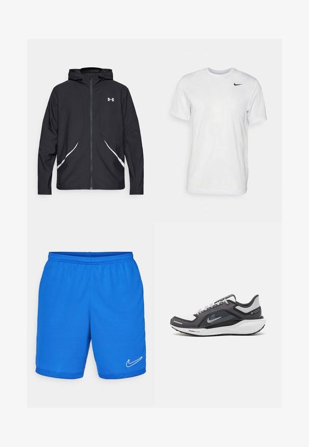 Crna jakna s kapuljačom na patentni zatvarač s bijelim detaljima i logotipom, s dugim rukavima i glatkom, mekanom teksturom tkanine.; Bijela kratkotrajna majica s kratkim rukavima izrađena od glatkog materijala. Ima okrugli izrez i mali crni Nike logo na lijevoj strani prsnog koša.; Plave atletske kratke hlače s elastičnom trakom u struku, izrađene od glatke tkanine. Sadrže bijeli Nike logotip na donjoj desnoj strani i mrežaste detalje.; Crne i sive atletske cipele s mrežastim gornjim dijelom, reflektirajućim detaljima i bijelim među-djelom. Imaju strukturiranu gumenu potplate i vezice.