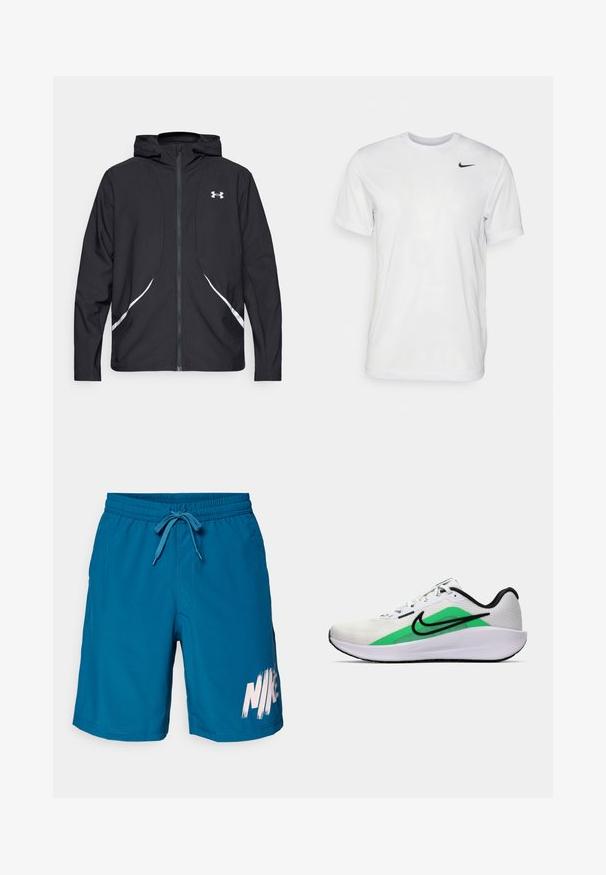 Black zip-up hooded jacket with white accents and logo, featuring long sleeves and a sleek, smooth fabric texture.; White short-sleeve t-shirt made of smooth fabric. Features a round neck and a small black Nike logo on the left chest.; Blue Nike swim trunks with an elastic waistband and adjustable drawstring, featuring a large white logo printed on the lower left side.; White athletic shoe with a green accent, black logo, mesh upper, cushioned sole, and a rounded heel. Features laces and contrast detailing.