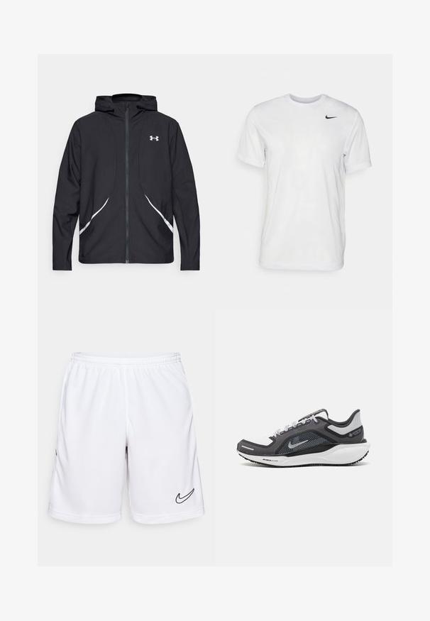Black zip-up hooded jacket with white accents and logo, featuring long sleeves and a sleek, smooth fabric texture.; White short-sleeve t-shirt made of smooth fabric. Features a round neck and a small black Nike logo on the left chest.; White athletic shorts made of moisture-wicking fabric, featuring an elastic waistband and black Nike logo on the left side.; Black and gray athletic shoe with a mesh upper, reflective accents, and a white midsole. Features textured rubber outsole and laces.