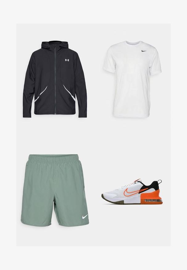 Črna jakna s kapuco na zadrgo z belimi poudarki in logotipom, z dolgimi rokavi in gladko, sijočo tkanino.; Bela kratka majica s kratkimi rokavi, izdelana iz gladkega materiala. Ima okroglo ovratnico in majhen črn Nike logotip na levi prsni strani.; Zelene atletske kratke hlače z elastičnim pasom, lahkotno tkanino in belim logotipom Nike na spodnjem levem delu.; Bela športna čevlja z teksturirano mrežasto zgornjico, črnimi in oranžnimi poudarki, debelim gumijastim podplatom ter prozornim zračno blazino na peti.
