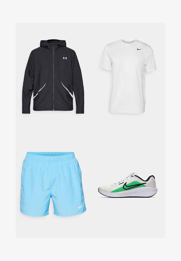 Black zip-up hooded jacket with white accents and logo, featuring long sleeves and a sleek, smooth fabric texture.; White short-sleeve t-shirt made of smooth fabric. Features a round neck and a small black Nike logo on the left chest.; Light blue athletic shorts with an elastic waistband and side pockets; features a white Nike swoosh logo at the hem.; White athletic shoe with a green accent, black logo, mesh upper, cushioned sole, and a rounded heel. Features laces and contrast detailing.