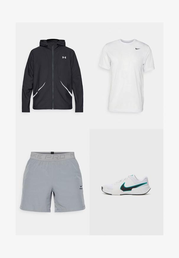 Chaqueta negra con capucha y cremallera, con detalles y logotipo en blanco, mangas largas y una textura de tela lisa y elegante.; Camiseta blanca de manga corta hecha de tela suave. Presenta un cuello redondo y un pequeño logo negro de Nike en el pecho izquierdo.; Pantalones cortos atléticos grises con una cinturilla elástica que presenta "NIKE PRO" en letras grises, y un pequeño logotipo de Nike en negro en la pierna.; Zapatilla deportiva blanca con parte superior de malla texturizada, suela de goma negra y acento del swoosh de Nike en color teal. Cuenta con cordones y un collar acolchado.