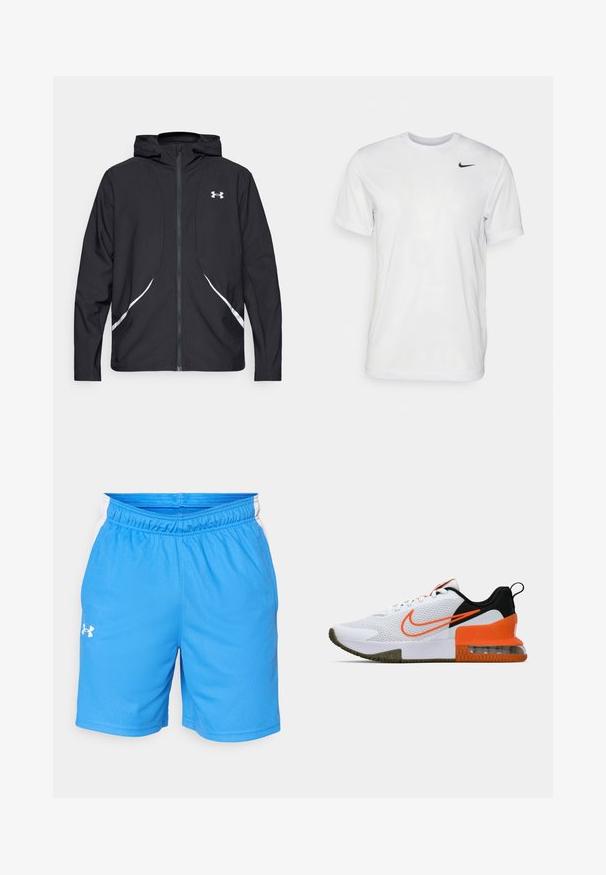 Svart hettejakke med glidelås, hvite detaljer og logo, med lange ermer og en glatt, jevn stofftekstur.; Hvit kortermet t-skjorte laget av glatt stoff. Har rund hals og en liten svart Nike-logo på venstre bryst.; Blå treningsshorts laget av teksturert polyester med elastisk midjebånd, med hvite sidestykker og en liten logo foran.; Hvit sportssko med et teksturert mesh-overdel, sorte og oransje accenter, en tykk gummisåle og en klar luftpute-seksjon ved hælen.