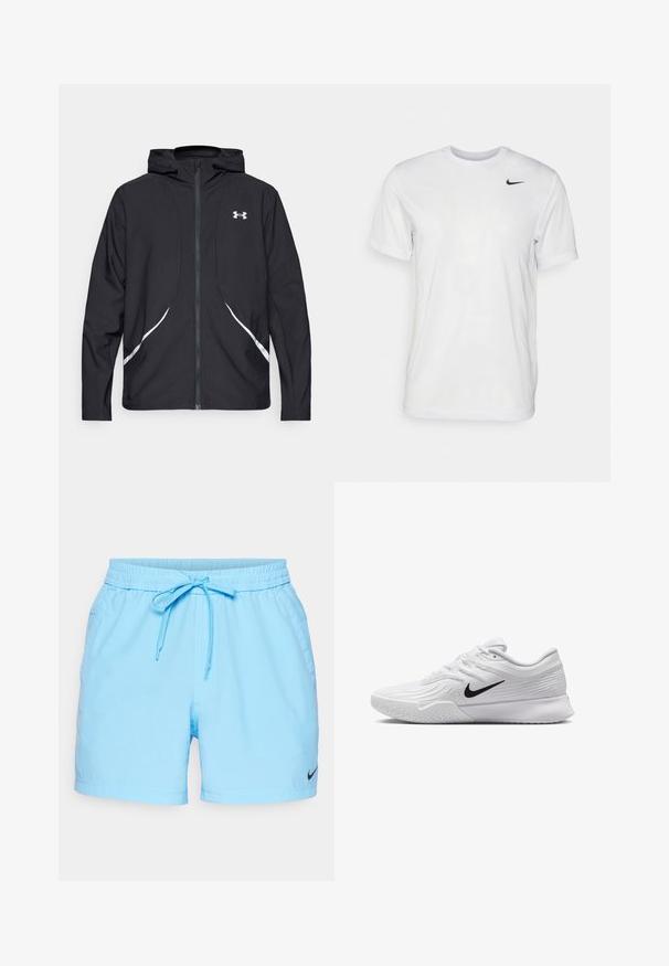 Zwarte capuchonjas met ritssluiting, witte accenten en logo, voorzien van lange mouwen en een gladde, soepele stoftextuur.; Witte korte mouwen t-shirt gemaakt van gladde stof. Voorzien van een ronde hals en een klein zwart Nike-logo op de linkerborst.; Lichtblauwe sportshorts met een elastische tailleband en een verstelbaar trekkoord. Voorzien van zijzakken en een klein zwart Nike-logo op de zoom.; Witte sportieve schoen met textuur in het mesh bovenwerk, zwarte Nike swoosh, gevoerde kraag en rubberen zool met een profielpatroon.