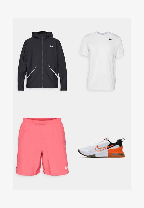 Black zip-up hooded jacket with white accents and logo, featuring long sleeves and a sleek, smooth fabric texture.; White short-sleeve t-shirt made of smooth fabric. Features a round neck and a small black Nike logo on the left chest.; Nike Performance CHALLENGER SHORT - Sports shorts - aster pink/dark pony/black/reflective silver; White athletic shoe with a textured mesh upper, black and orange accents, a thick rubber sole, and a clear air cushion section at the heel.