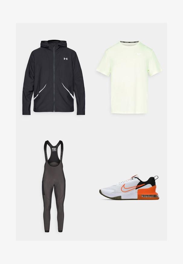 Chaqueta negra con capucha y cremallera, con detalles y logotipo en blanco, mangas largas y una textura de tela lisa y elegante.; Camiseta Nike verde claro de manga corta, con cuello redondo y un pequeño logo blanco en el pecho. Tejido suave y ligero.; Mallas de ciclismo negras con tirantes ajustables, zona acolchada en el asiento y paneles texturizados en los lados para mayor agarre y soporte.; Zapatilla deportiva blanca con parte superior de malla texturizada, acentos en negro y naranja, suela de goma gruesa y una sección de cojín de aire transparente en el talón.