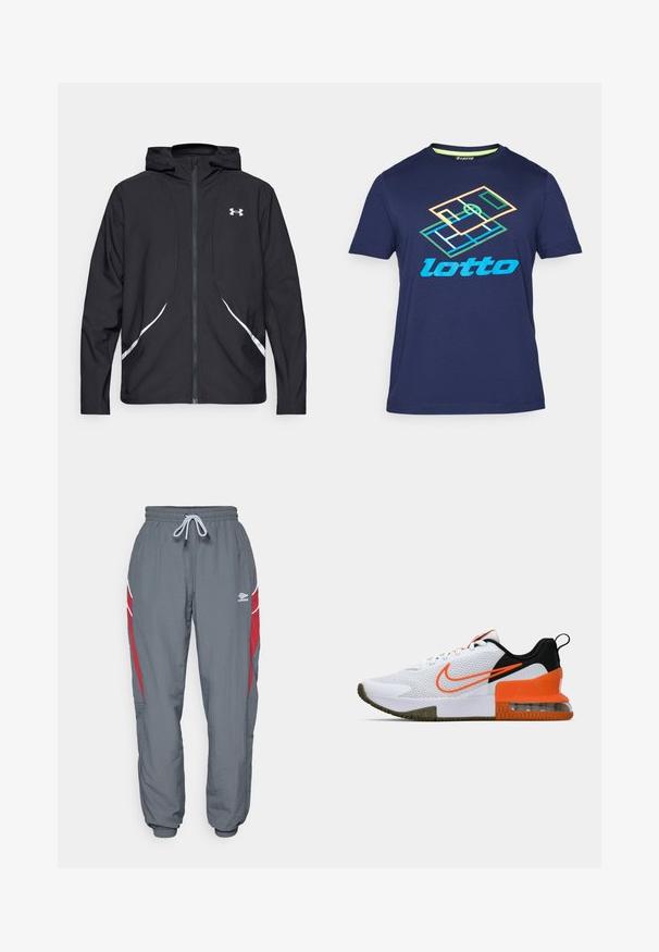 Črna jakna s kapuco na zadrgo z belimi poudarki in logotipom, z dolgimi rokavi in gladko, sijočo tkanino.; Kraljevo modra majica s kratkimi rokavi iz bombaža, na sprednji strani pa multikolor logotip "Lotto" in geometrijski vzorec.; Umbro RELAXED TRACK PANT - Spodnji deli trenirk - iron gate/red dahlia/brilliant white; Bela športna čevlja z teksturirano mrežasto zgornjico, črnimi in oranžnimi poudarki, debelim gumijastim podplatom ter prozornim zračno blazino na peti.