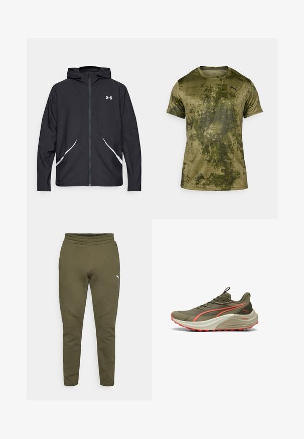 Černá bunda s kapucí na zip, bílými akcenty a logem, s dlouhými rukávy a hladkou, elegantní texturou látky.; Krátký rukáv sportovního trička v olivově zelené barvě s texturovaným, vzorovaným povrchem. Obsahuje malé černé logo na levé horní části hrudi.; Olivové tepláky se zúženým střihem, elastickým pasem a malým bílým logem na levé straně. Měkká tkanina s hladkým povrchem.; Olivově zelená běžecká obuv s texturovaným svrškem, korálovými akcenty a silnou bílou mezipodešví. Obsahuje odolnou gumovou podrážku pro trakci.