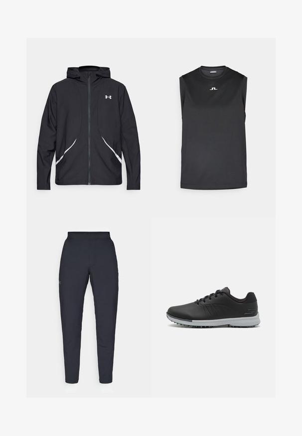 Schwarze Kapuzenjacke mit Reißverschluss, weiß abgesetzte Akzente und Logo, mit langen Ärmeln und einem eleganten, glatten Stoff.; Ärmelloses schwarzes Sporttop aus glattem Stoff. Verfügt über einen runden Ausschnitt und ein kleines weißes Logo auf der Brust.; Schwarze Sporthose mit glatter Textur, schlankem Schnitt, elastischem Bund und seitlichen Taschen. Mit einem kleinen Logo auf dem linken Oberschenkel.; Schwarze synthetische Golfschuhe mit einer strukturierten Oberseite, Schnürdesign und einer grauen Laufsohle mit Stollen für optimale Traktion.