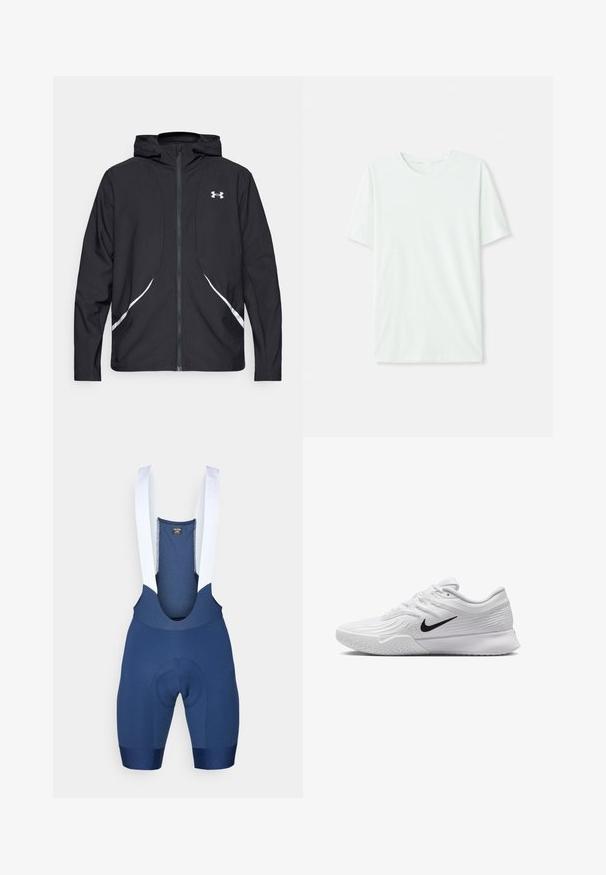 Juoda gobtuvu su užtrauktuku striukė su baltais akcentais ir logotipu, ilgomis rankovėmis ir lygiu, švelniu audinio tekstūra.; Šviesiai mėtos žalios spalvos trumpų rankovių marškinėliai, pagaminti iš minkštos medžiagos. Turi apvalią iškirptę ir paprastą tiesų siluetą be dekoro.; Naktiniai šortai iš tamsiai mėlynos medžiagos, apgludę prie kūno. Su baltais elastiniais diržais ir paminkštinta sėdyne komfortui užtikrinti. Lygus tekstūros paviršius ir aerodinaminis dizainas.; Baltas sportinis batas su tekstūruota tinkleliu, juodu Nike swoosh logotipu, paminkštintu apvadu ir guminėmis pado detalėmis su protektoriumi.