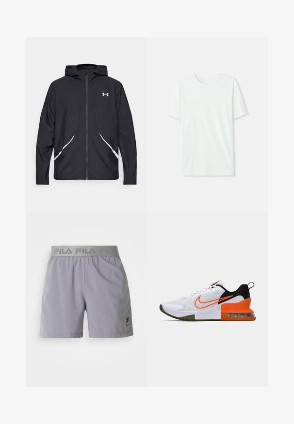 Black zip-up hooded jacket with white accents and logo, featuring long sleeves and a sleek, smooth fabric texture.; Light mint green short-sleeve t-shirt made of soft fabric. Features a crew neckline and a simple, straight cut without embellishments.; Light gray athletic shorts made of a smooth fabric, featuring an elastic waistband with "FILA" branding and a small logo patch on the side.; White athletic shoe with a textured mesh upper, black and orange accents, a thick rubber sole, and a clear air cushion section at the heel.