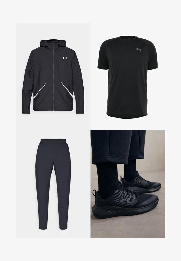 Zwarte capuchonjas met ritssluiting, witte accenten en logo, voorzien van lange mouwen en een gladde, soepele stoftextuur.; Zwart sportshirt met korte mouwen, gemaakt van glad, lichtgewicht stof. Heeft een ronde halslijn en een discrete logo op de borst.; Zwarte sportbroeken met een gladde textuur, slanke pasvorm, elastische tailleband en zijzakken. Bevat een klein logo op het linkerdij.; Persoon in zwarte sport sneakers met gestructureerde zijkanten en logo, gecombineerd met zwarte sokken en cropped broek op een lichte vloer.