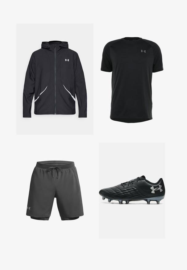 Black zip-up hooded jacket with white accents and logo, featuring long sleeves and a sleek, smooth fabric texture.; Black short-sleeve athletic shirt made of smooth, lightweight fabric. Features a rounded neckline and discreet logo on the chest.; Dark gray athletic shorts with an elastic waistband, adjustable drawstring, and inner mesh lining; features subtle branding on the left leg.; Black football cleat with textured synthetic upper, low profile, reinforced toe, and six metallic studs for traction. Under Armour logo on side.